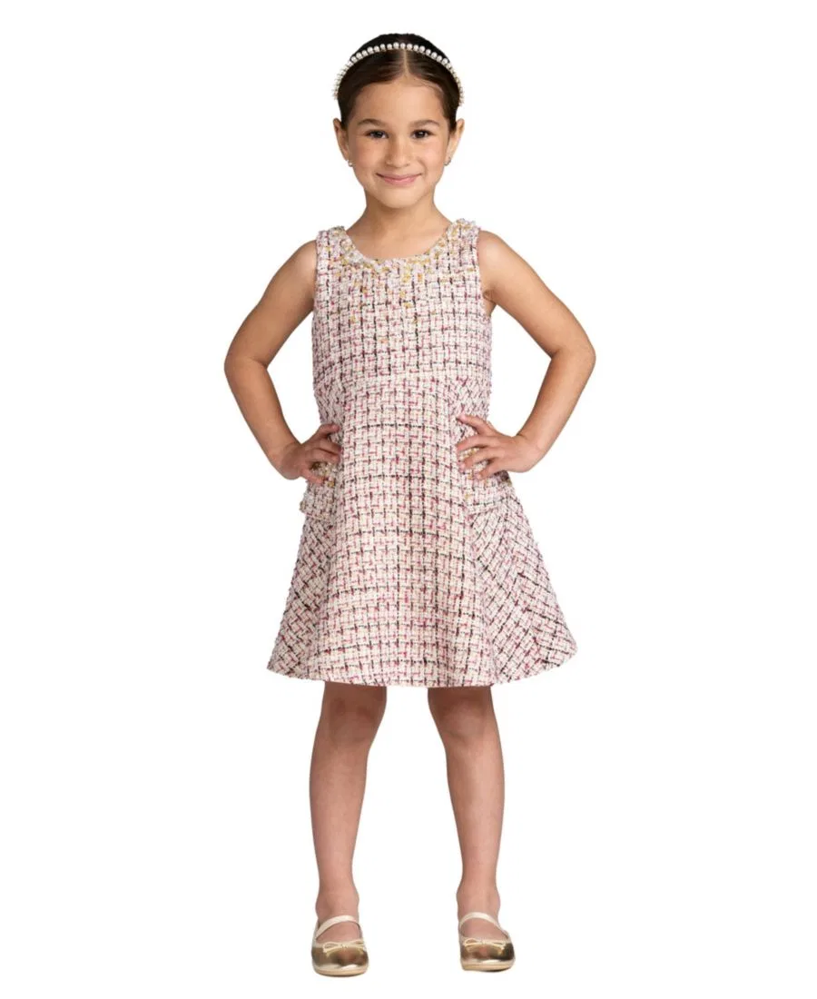 Платье-трапеция без рукавов из твида с пайетками Big Girls Beaded Boucle Mini Dress Mac Duggal, Cherry