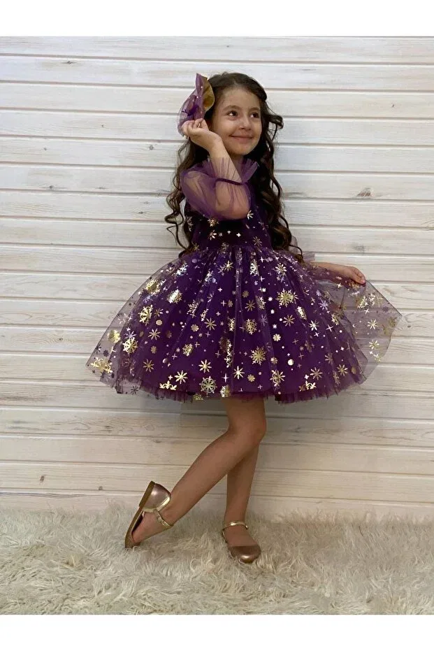 Детское платье для девочек с длинным рукавом Gold gilded plum color snowflake dress Pumpido, Plum