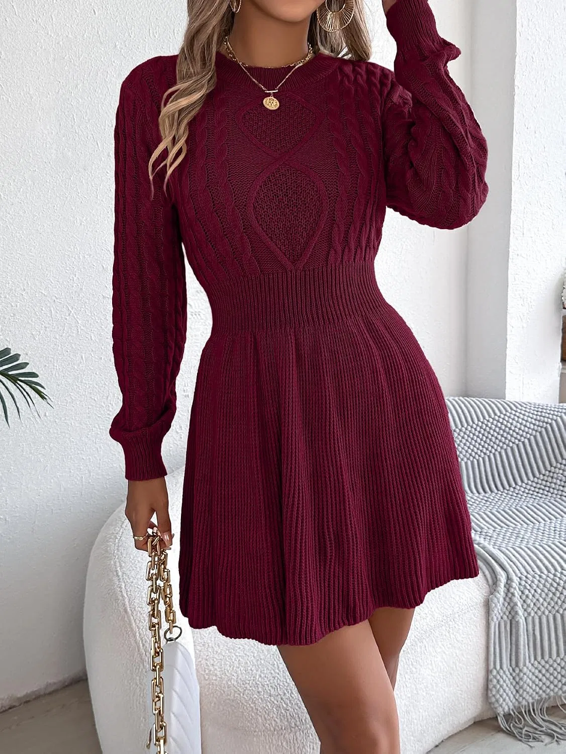Женское платье из футера с длинным рукавом, с принтом, модель Knitted Dresses, бордовый — фото 2