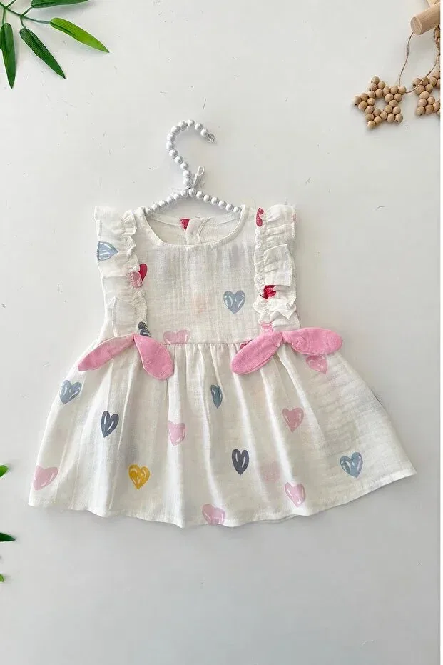 Детское платье для девочек муслиновое My Little One's Muslin Colorful Heart Printed Bowknot Baby Girl Dress Minigimin Cicileri, Pink