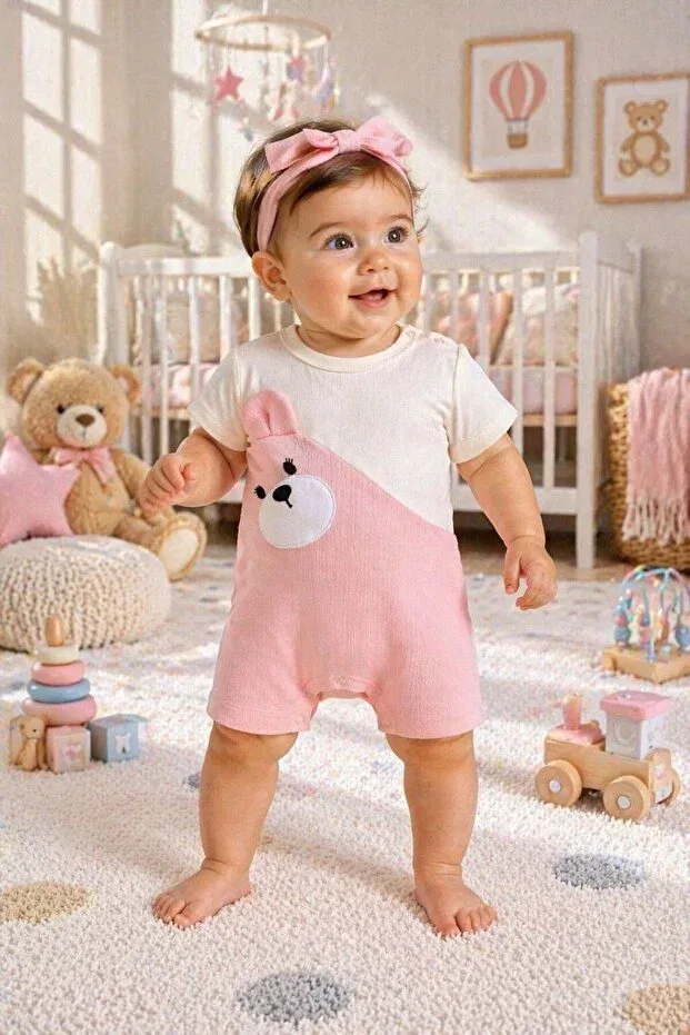 Детский комбинезон для девочек с принтом Cute Teddy Bear Summer Baby Romper My Balloon Baby & Kids, Pink — фото 2