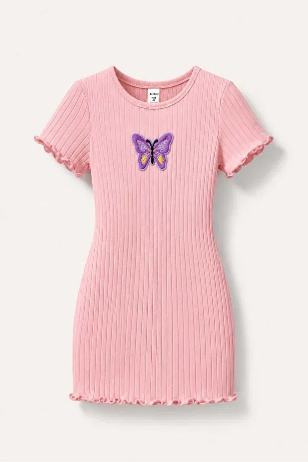 Детское платье для девочек с принтом Butterfly Detailed Corded My Kids Wear, Beige