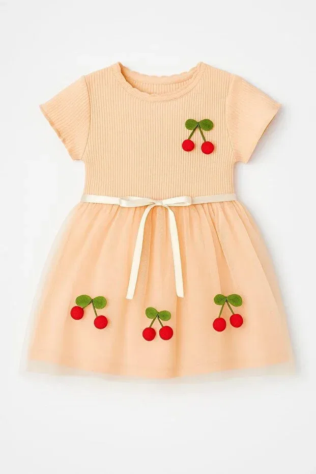 Детское платье для девочек с принтом Cherry Short Sleeve Tutu Lined Dress Dinamik Çocuk, Somon — фото 4