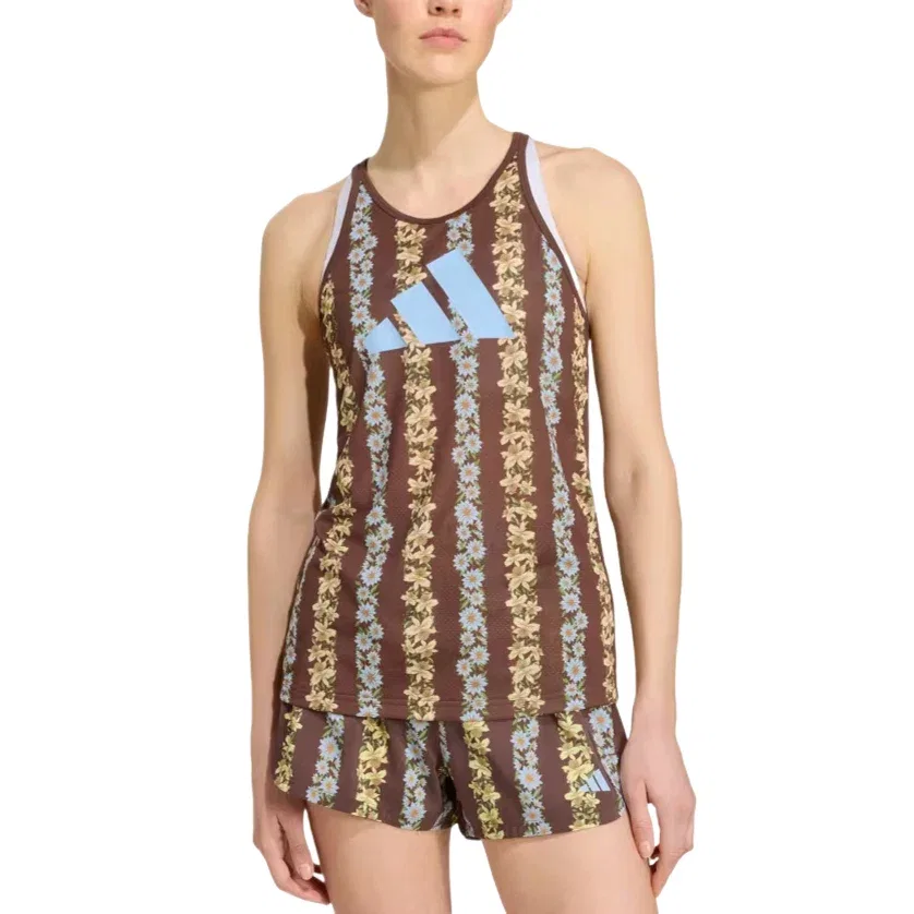 Женский топ-майка без рукавов Adidas x Farm Rio Training Tank Top Auburn Clear Sky Multicolor, коричневый — фото 2