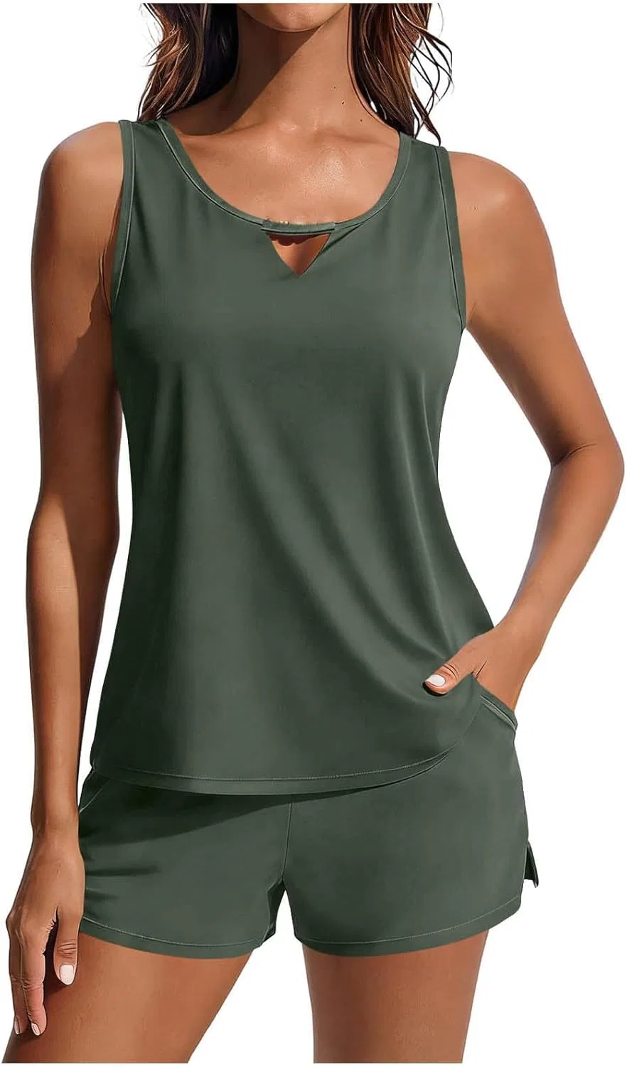 Женский танкини с ключевым вырезом и шортами, Army Green