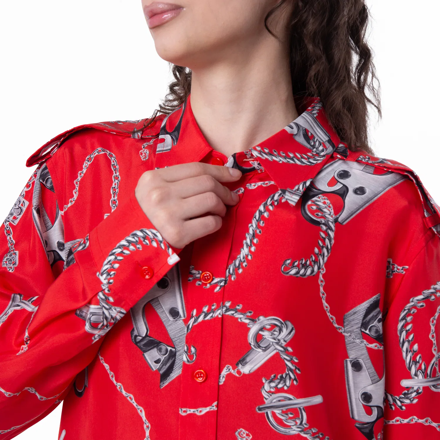 Шелковая рубашка с длинным рукавом с принтом All-Over Graphic Print Burberry, Silver/Red — фото 2