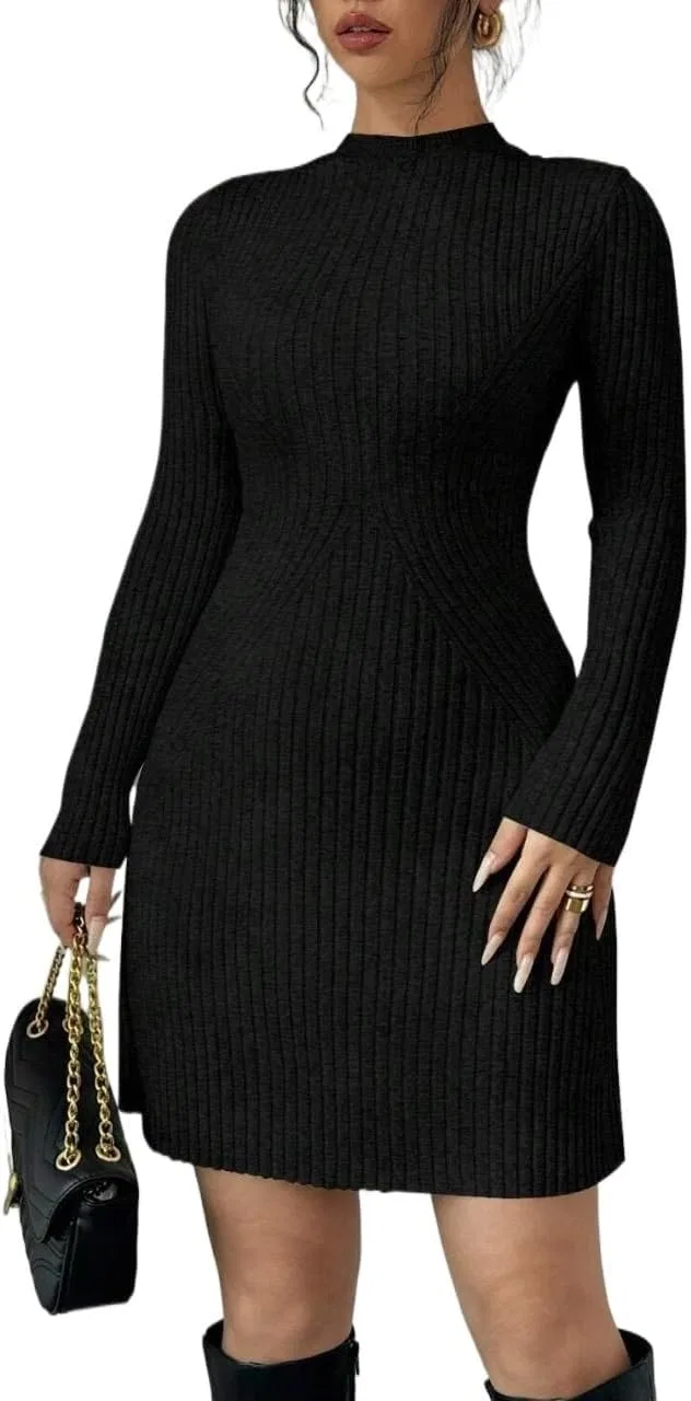 Женское платье с воротником-стойкой Rib Knit, Black