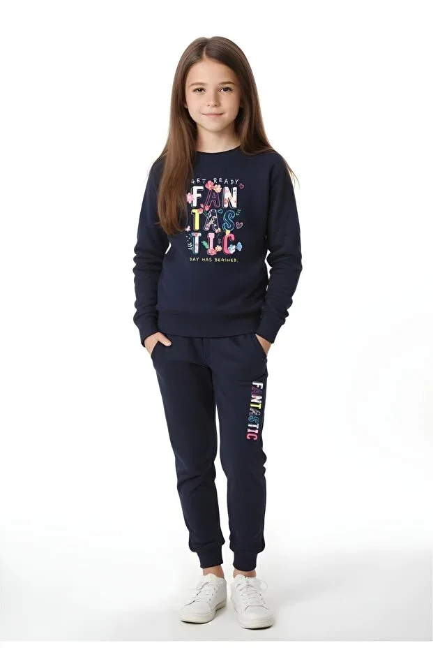 Детский спортивный комплект для девочек с принтом Fyk Kids, Black-Grey-Navy Blue — фото 3
