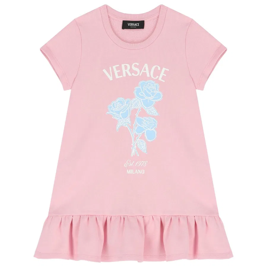 Платье из хлопка с принтом Kids Logo Print Young Versace, Pastel Pink/White/Pastel Blue