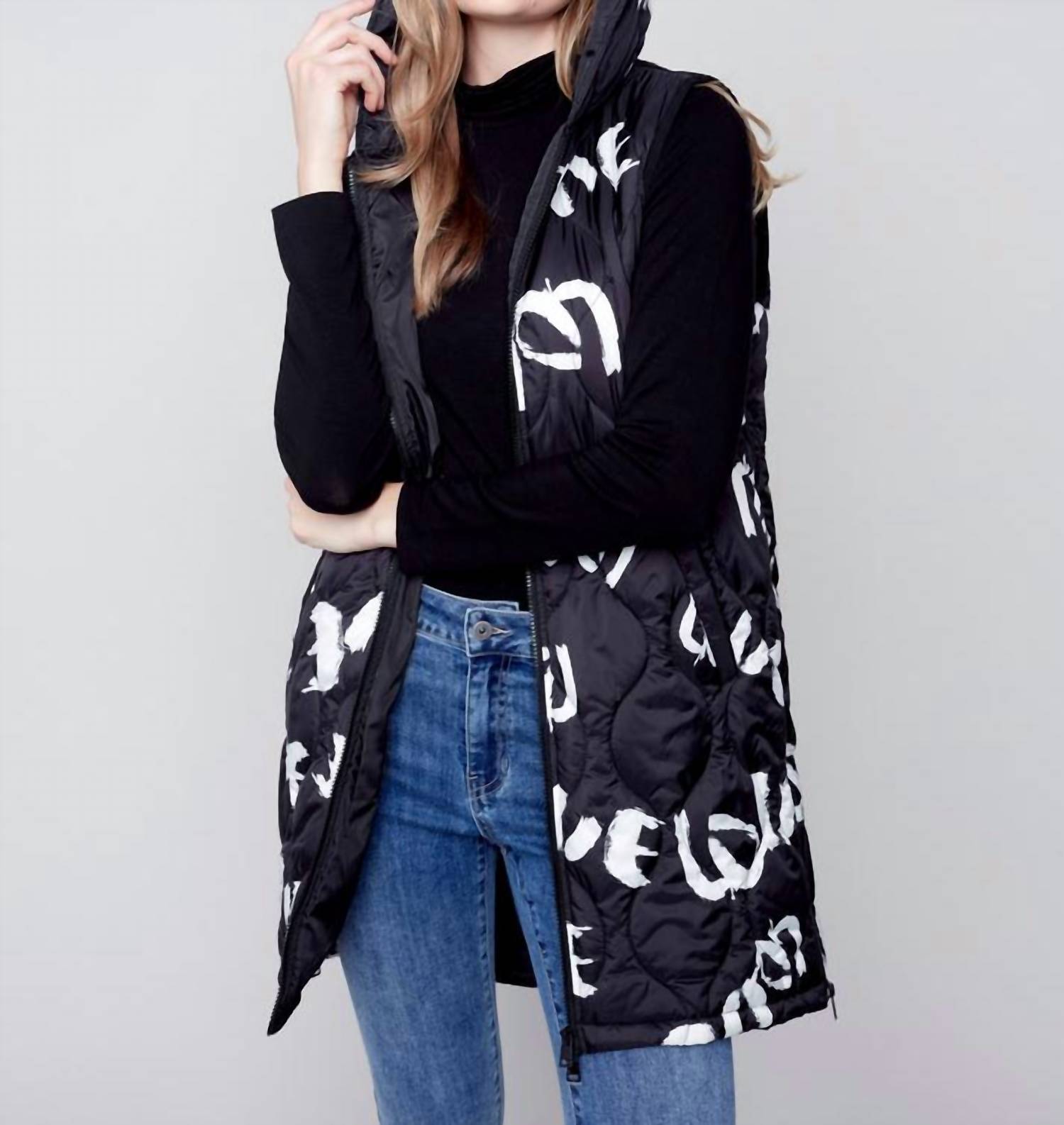 

Длинный стеганый жилет без рукавов с капюшоном, черный Charlie B, черный