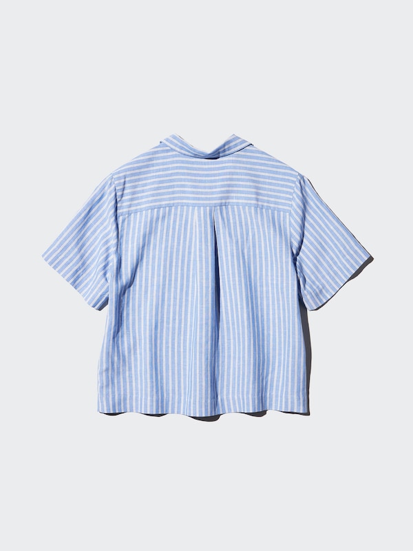 Рубашка из смесового льна с открытым воротником, короткий рукав (в полоску) Uniqlo, 52 green — фото 4