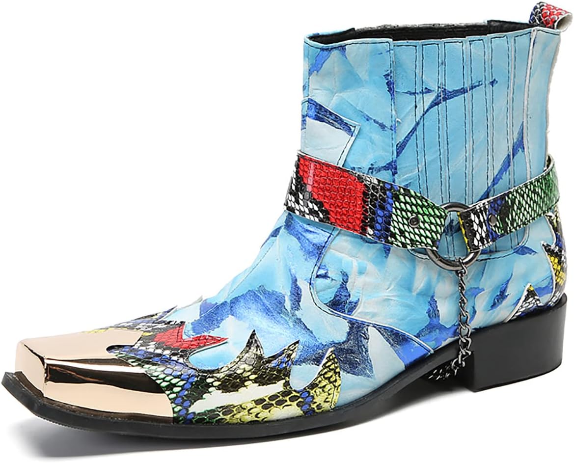 

Мужские повседневные вестерн-ботинки Santimon Chelsea - настоящая кожаная ковбойская обувь с цепочками и металлическим квадратным носком для вечеринок, бальных мероприятий и диско-бара, синий