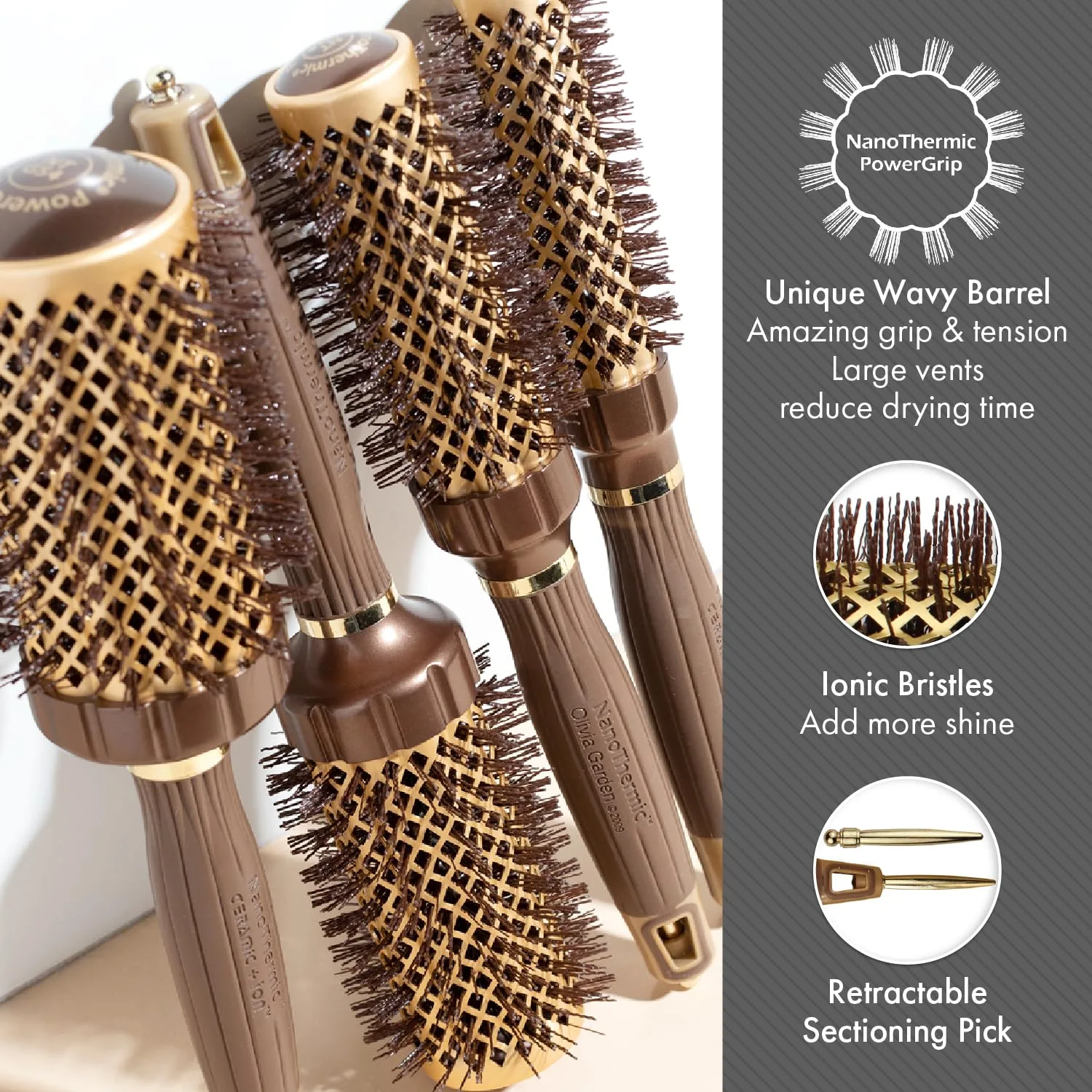 Термощетка для волос Olivia Garden NanoThermic PowerGrip, круглая, не электрическая, керамическая, для волос средней и густой толщины. Набор из 4 штук — фото 4