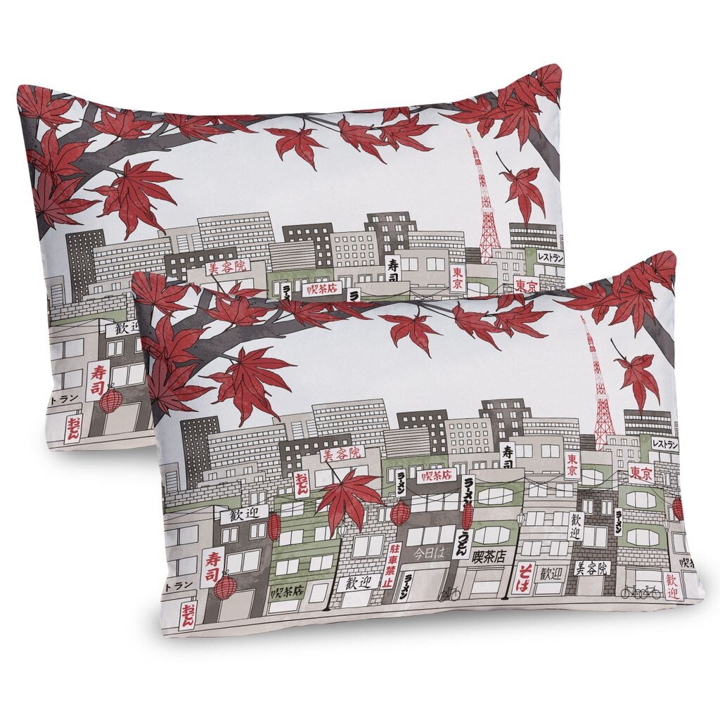 

ABAKUHAUS Tokyo, набор из 2 чехлов для подушек, японская столица в осенне-осенний сезон с кленовыми деревьями, чехол для подушки с декоративным принтом, 80 x 40 см, кокосово-красный
