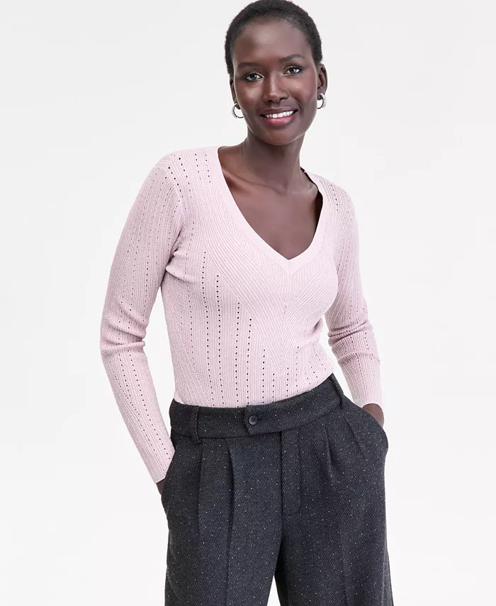 

Женский свитер с V-образным вырезом из металлизированной пряжи I.N.C. International Concepts, розовый