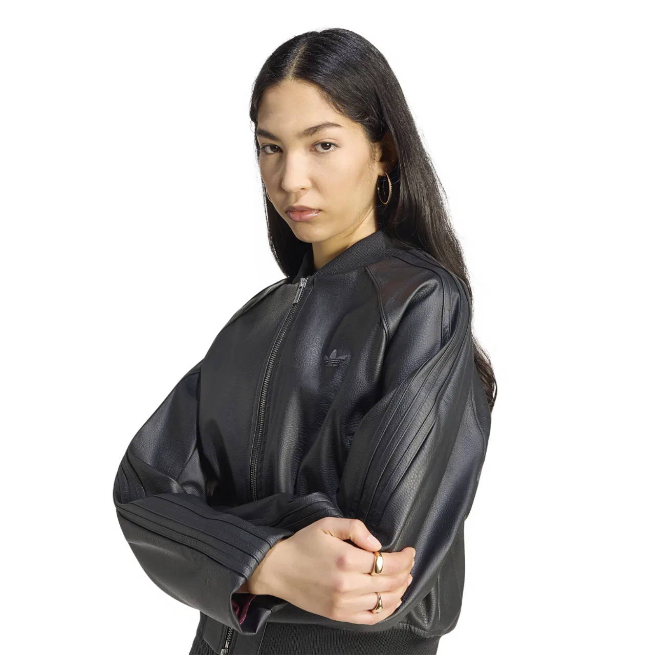 Женская куртка oversize с имитацией кожи, модель Superstar Track Top Pleather, adidas, Black Maroon — фото 3