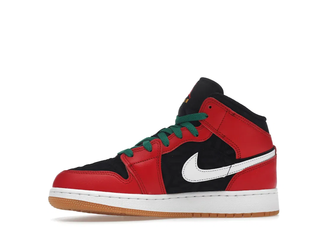 Детские кроссовки с рождественским принтом Jordan 1 Mid SE Christmas Jordan, Black/Fire Red/White/Malachite — фото 3