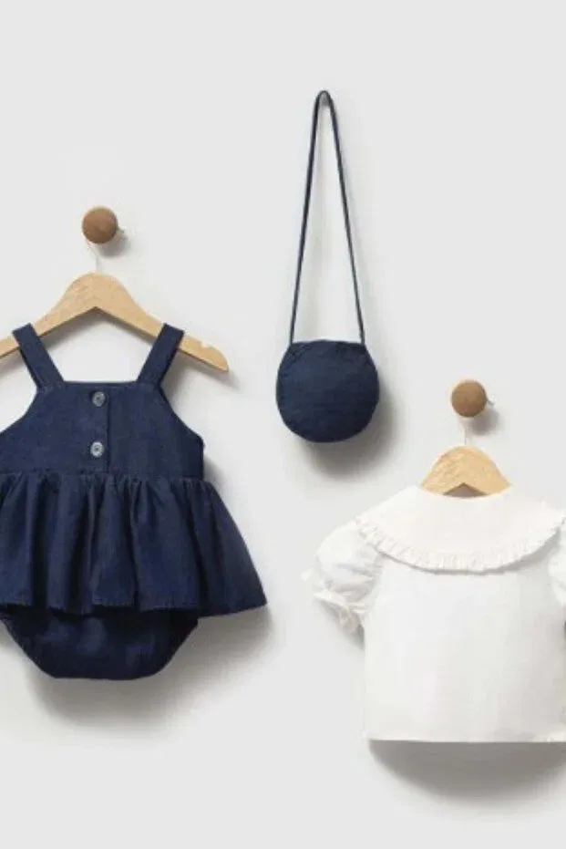 Детский комплект для девочек джинсовый с вышивкой вишни Cantoy, Dark Blue — фото 3