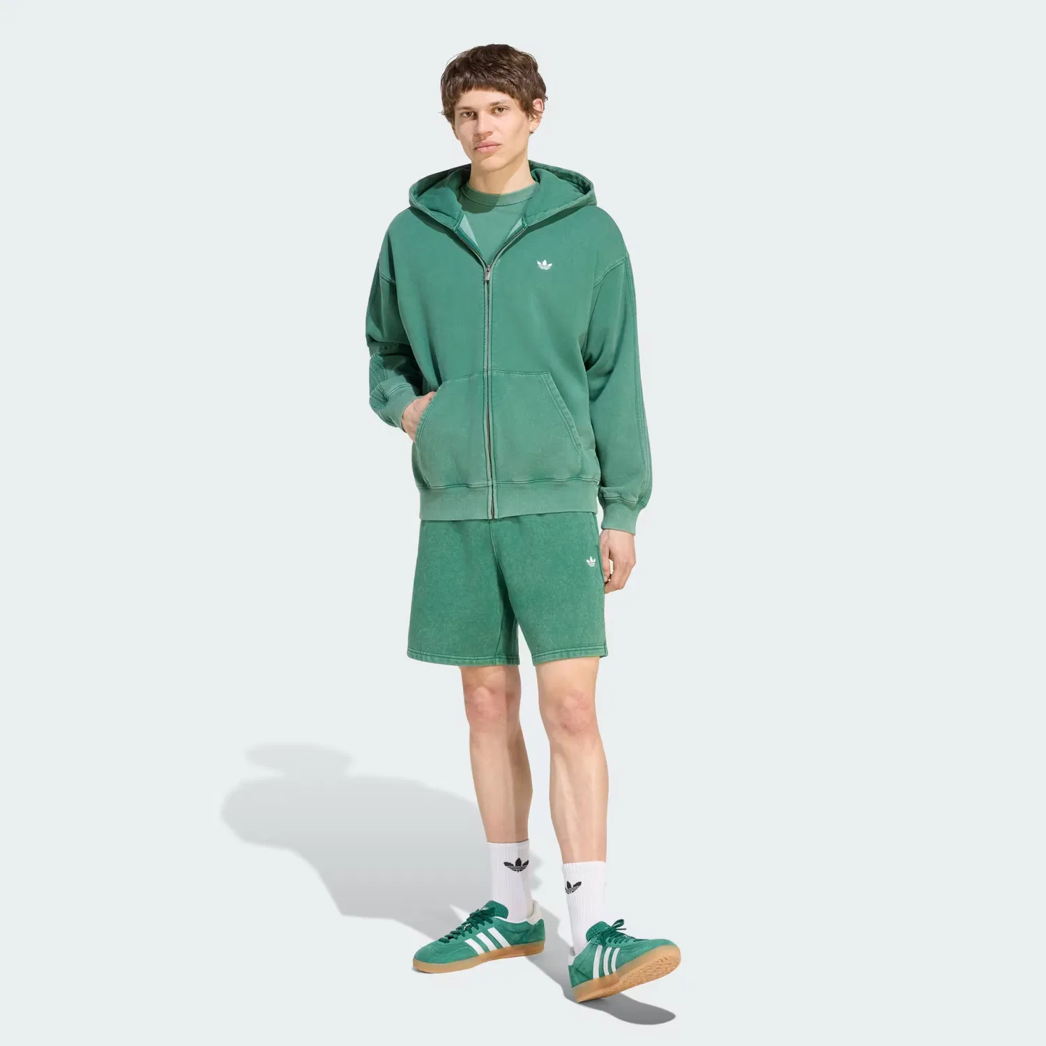 Мужское худи на молнии с капюшоном свободного кроя Trefoil Essentials Washed Adidas Originals, темно-зеленый — фото 3