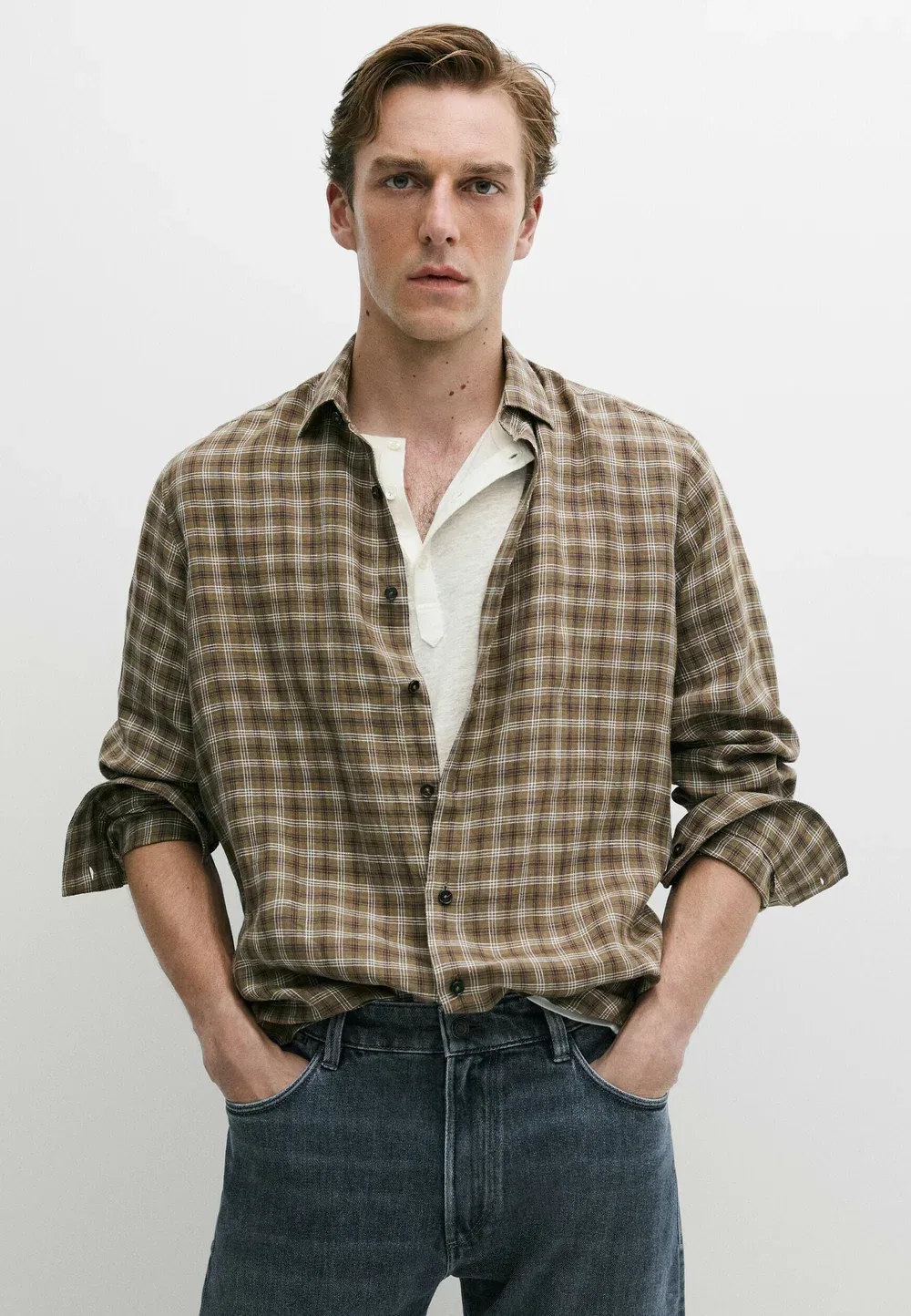 Рубашка в клетку, 100% лен, стандартный крой Massimo Dutti, Dark Brown