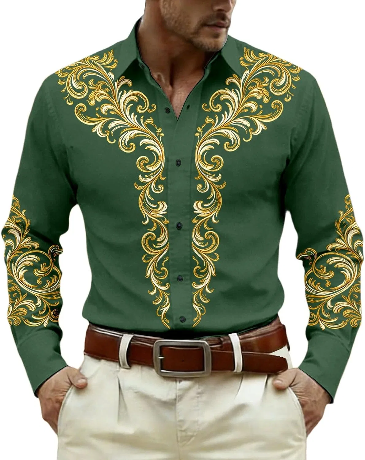 Мужская рубашка с принтом, Western Shirts Country Cowboy Vintage Rockabilly, зелёный