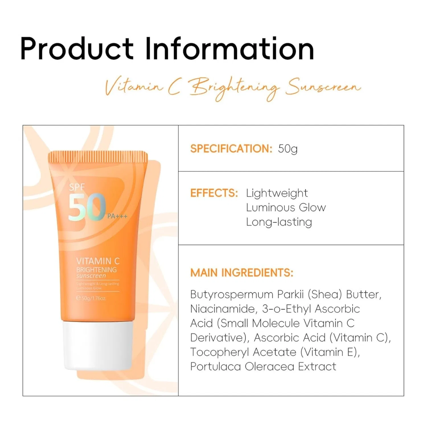 Солнцезащитный крем для лица с витамином C, SPF 50, легкий, 72 г, Orange Generic — фото 2