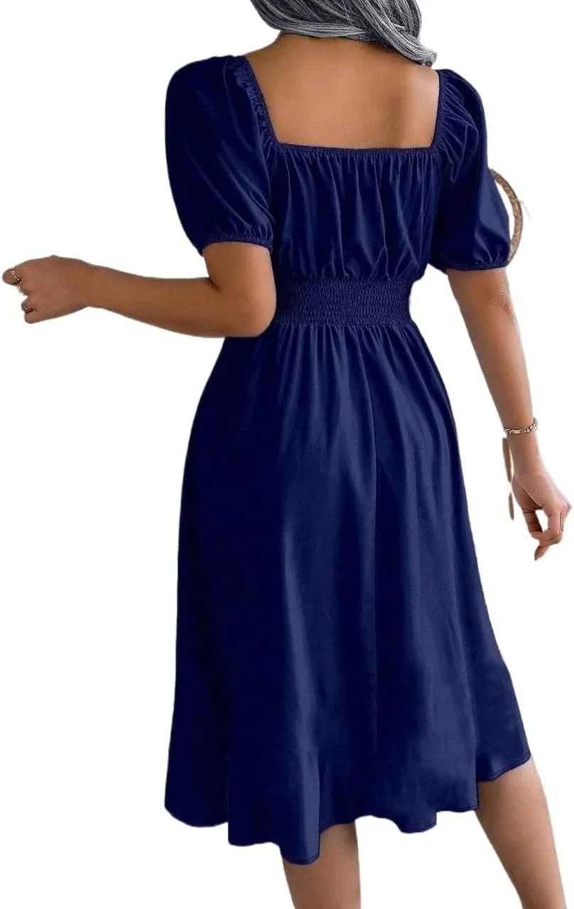 Женское платье миди с квадратным вырезом и рукавами-фонариками, Navy Blue — фото 3