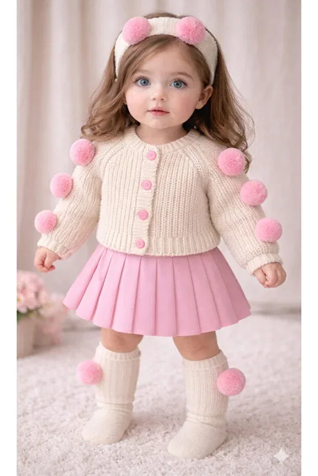 Детский комплект для девочек вязаный Pompom Cardigan, Skirt & Socks Mihrumay, Pink
