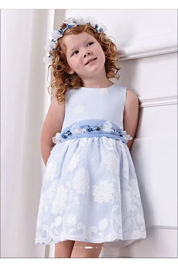 Детское платье для девочек кружевное Guipure And Scallop Detailed Organza Dress Abel & Lula, Blue — фото 3