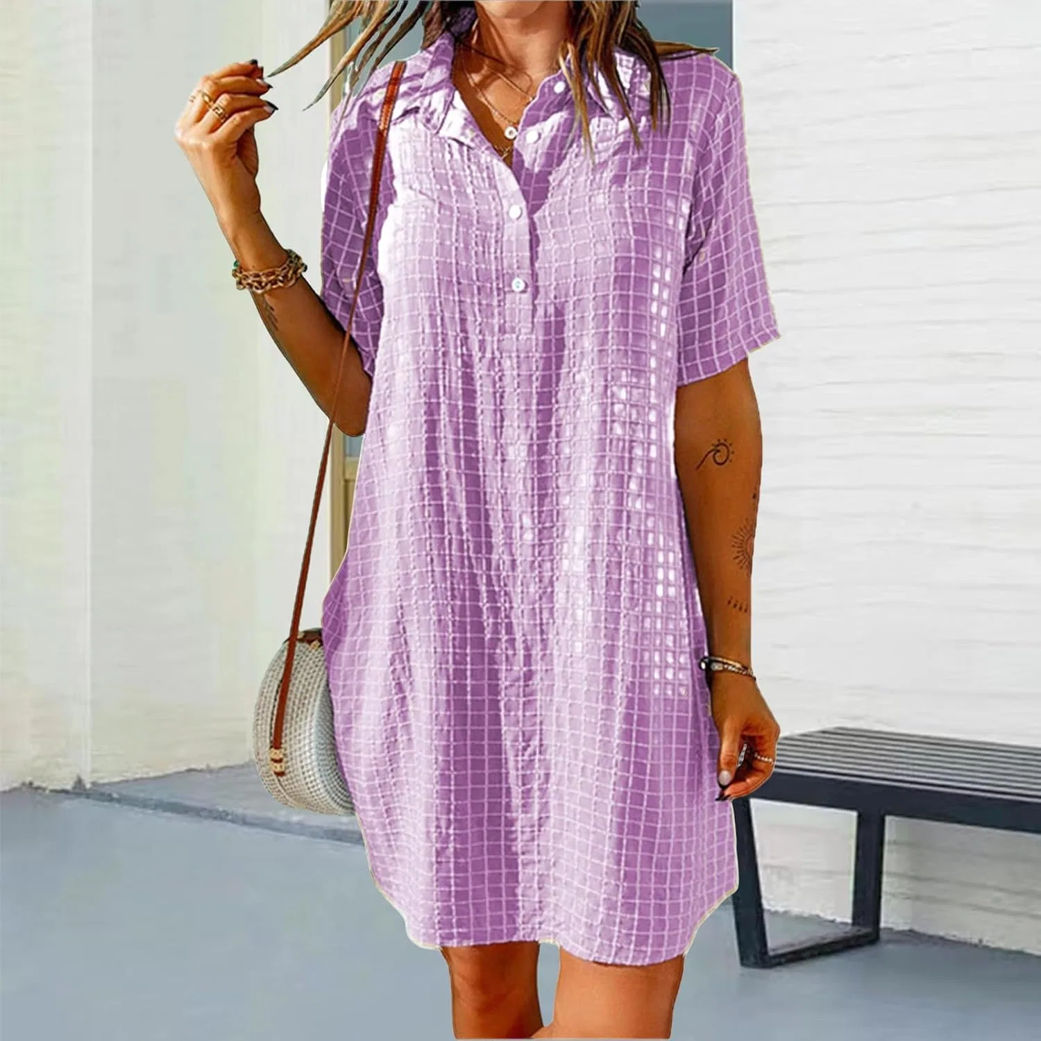 Женское летнее платье-рубашка миди с коротким рукавом, Purple — фото 3