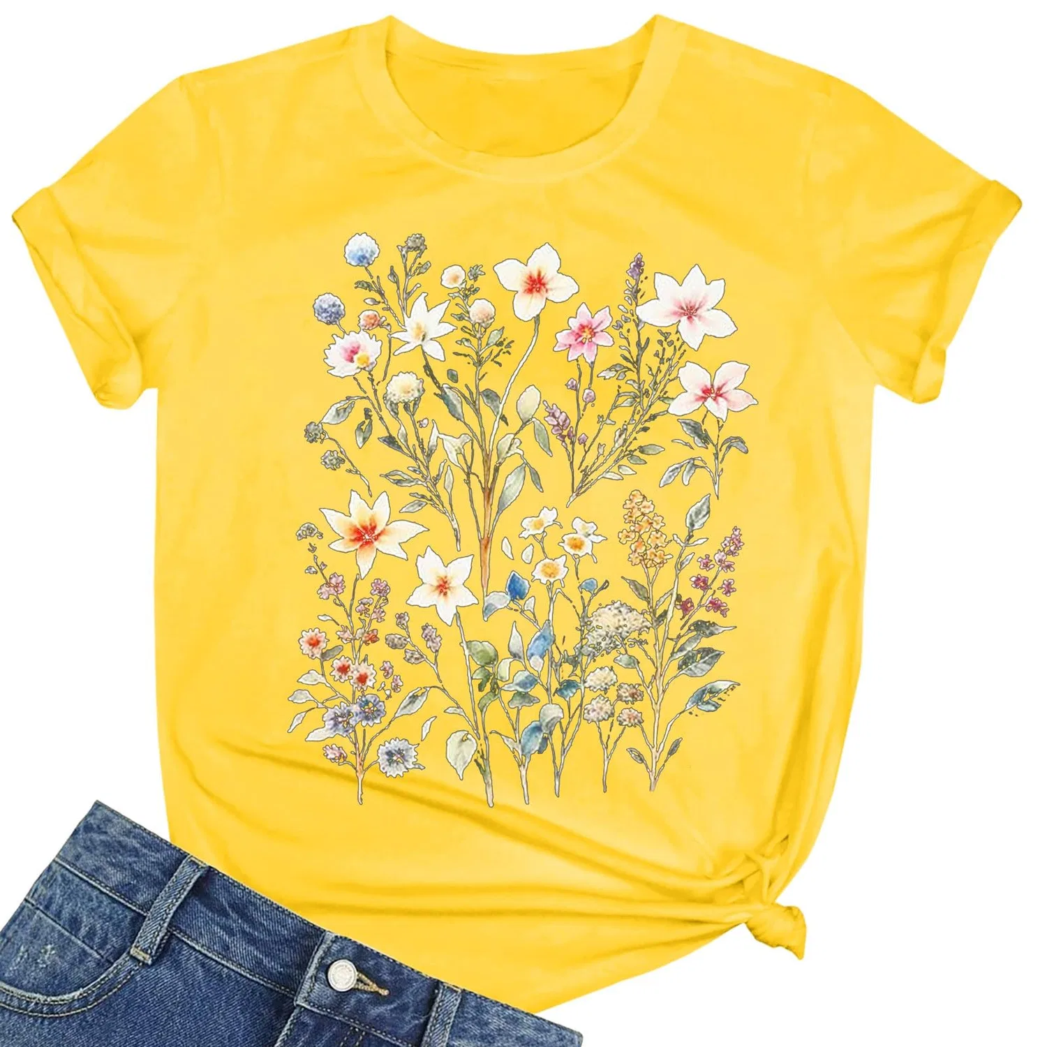 Женская блузка с принтом Girls Graphic Satin Blouses Loose Tops Plus Size Summer Sunflower Women's Basic Cotton Top, 2-yellow — фото 4