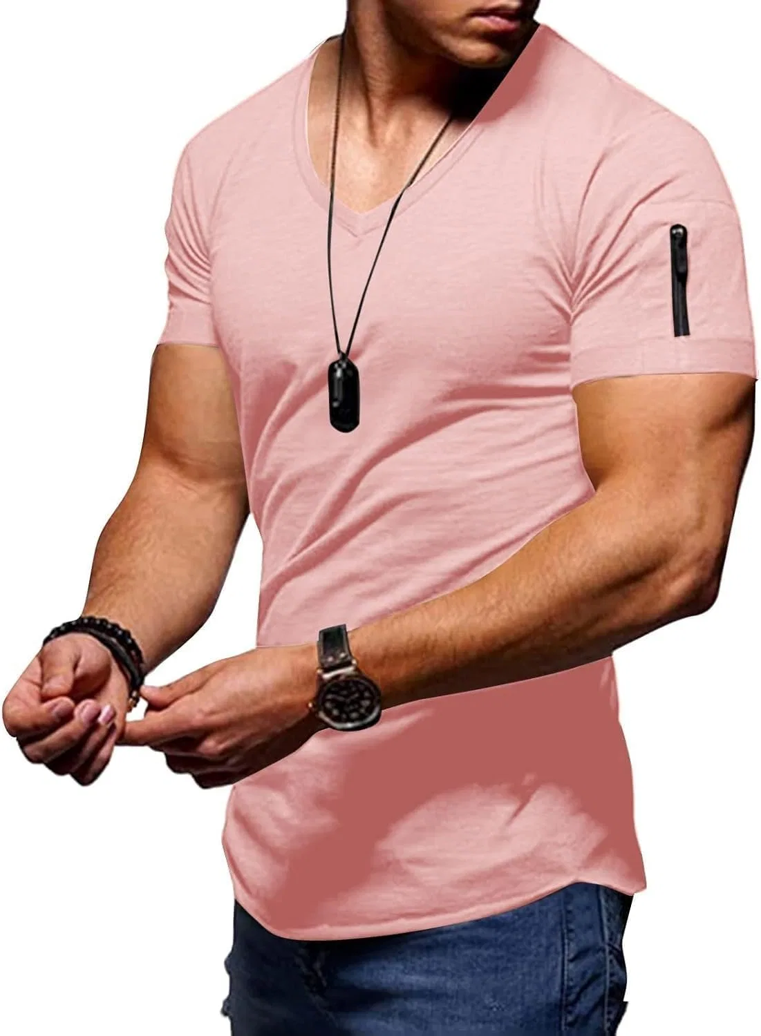 Мужская спортивная футболка с воротом на молнии Generic, Pink — фото 2