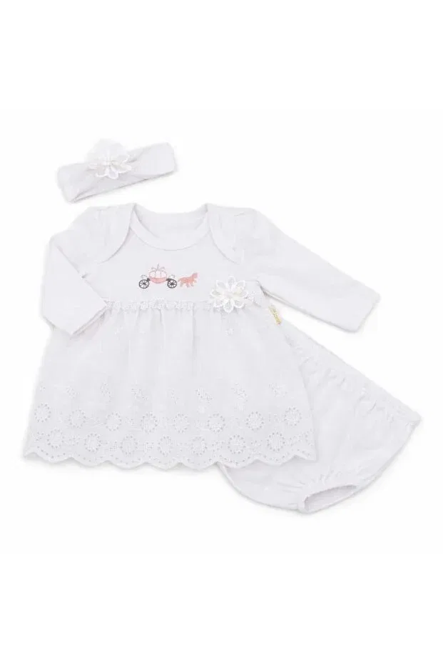 Детское платье для девочек с вышивкой комплект 3 предмета Unez baby girl embroidered crown dress with pantyhose 3-piece set Baybim, White — фото 2