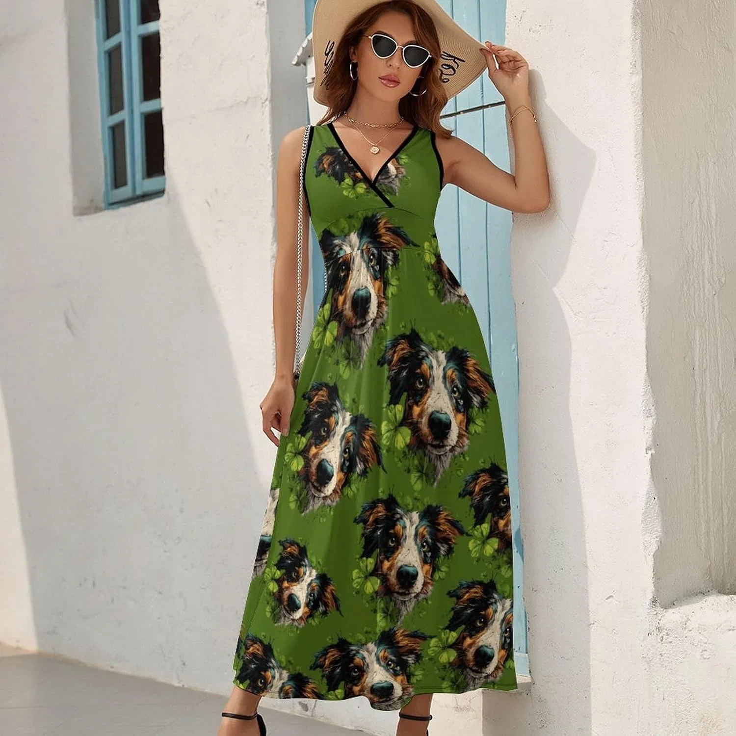 Женское летнее макси-платье без рукавов с V-образным вырезом, черно-белый принт — фото 2