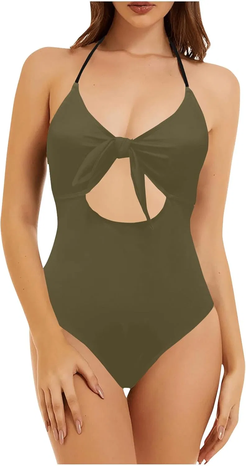 Женский купальник слитный с вырезом и завязками, Army Green