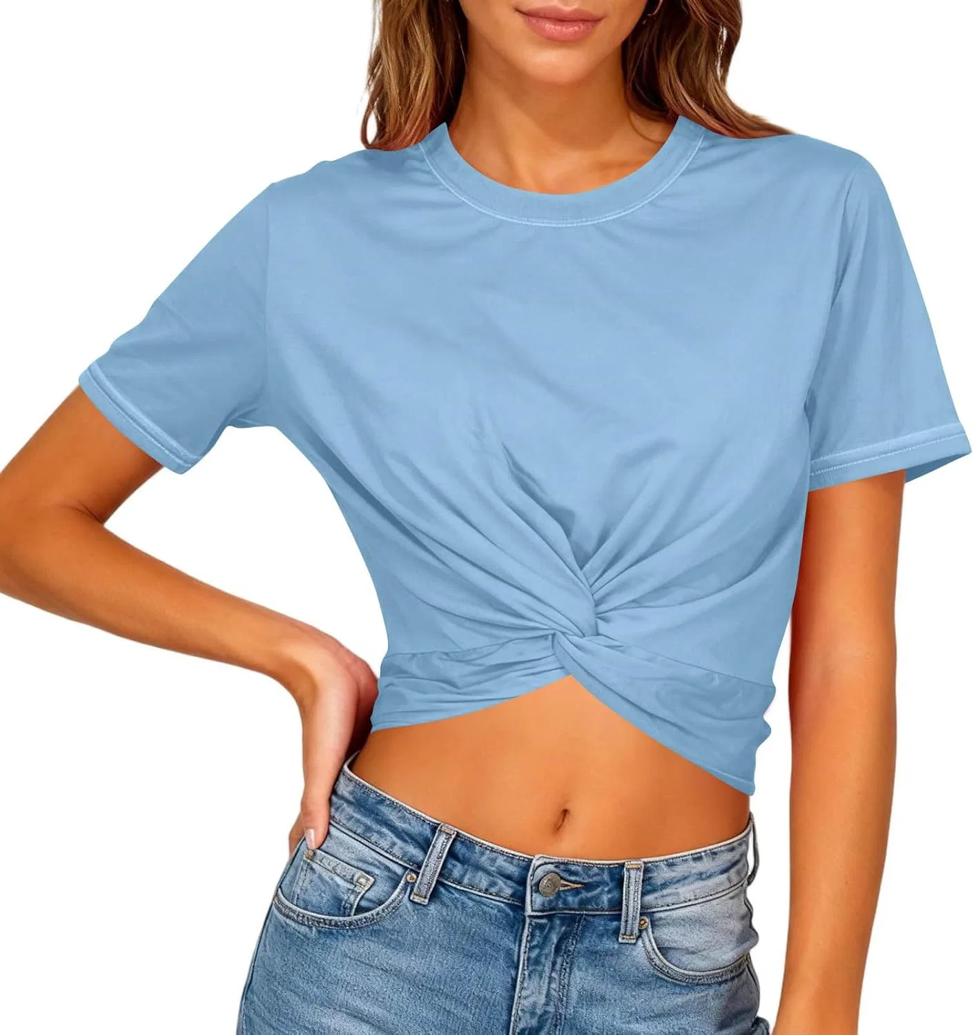Женская короткая футболка с закрученным передом, Light Blue