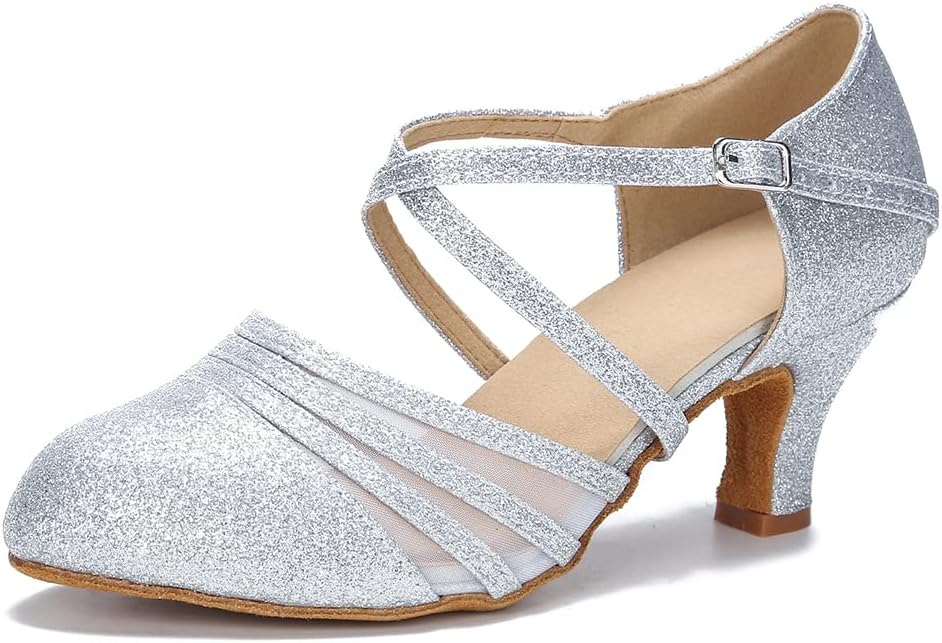 

Женские бальные танцевальные туфли для начинающих, сальса, латина, закрытый носок, каблук 6 см, размер S12 Hxyoo, серебро