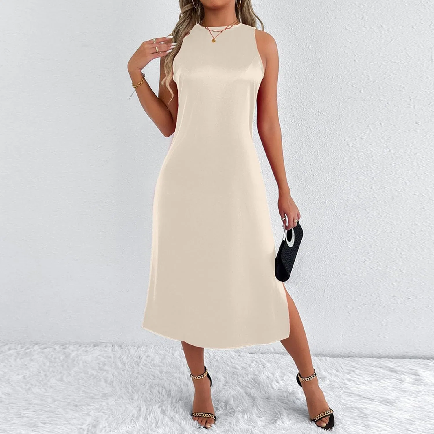 Женское коктейльное платье с разрезом Bodycon Satin, Beige — фото 4
