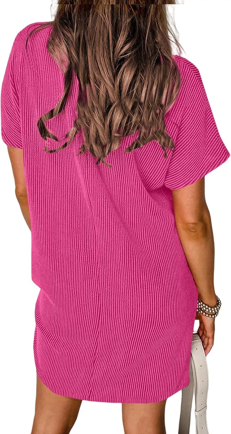 Женское летнее мини-платье А-силуэта с коротким рукавом Casual Summer Dresses, Hot Pink — фото 3
