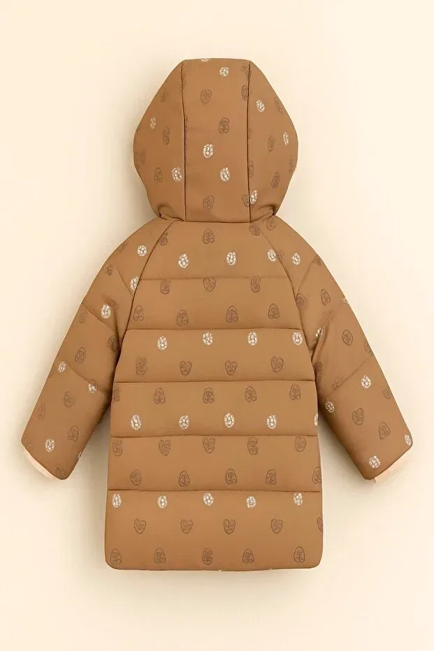 Детское зимнее пальто для девочек с принтом Cute bear printed plush fur inside zippered pocket hooded baby-child winter coat-jacket Dekubaby, Brown — фото 4