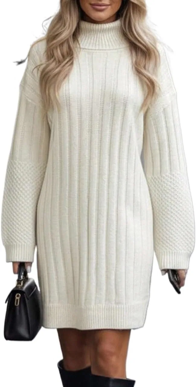 Женское платье-свитер с высоким воротником, Solid, White