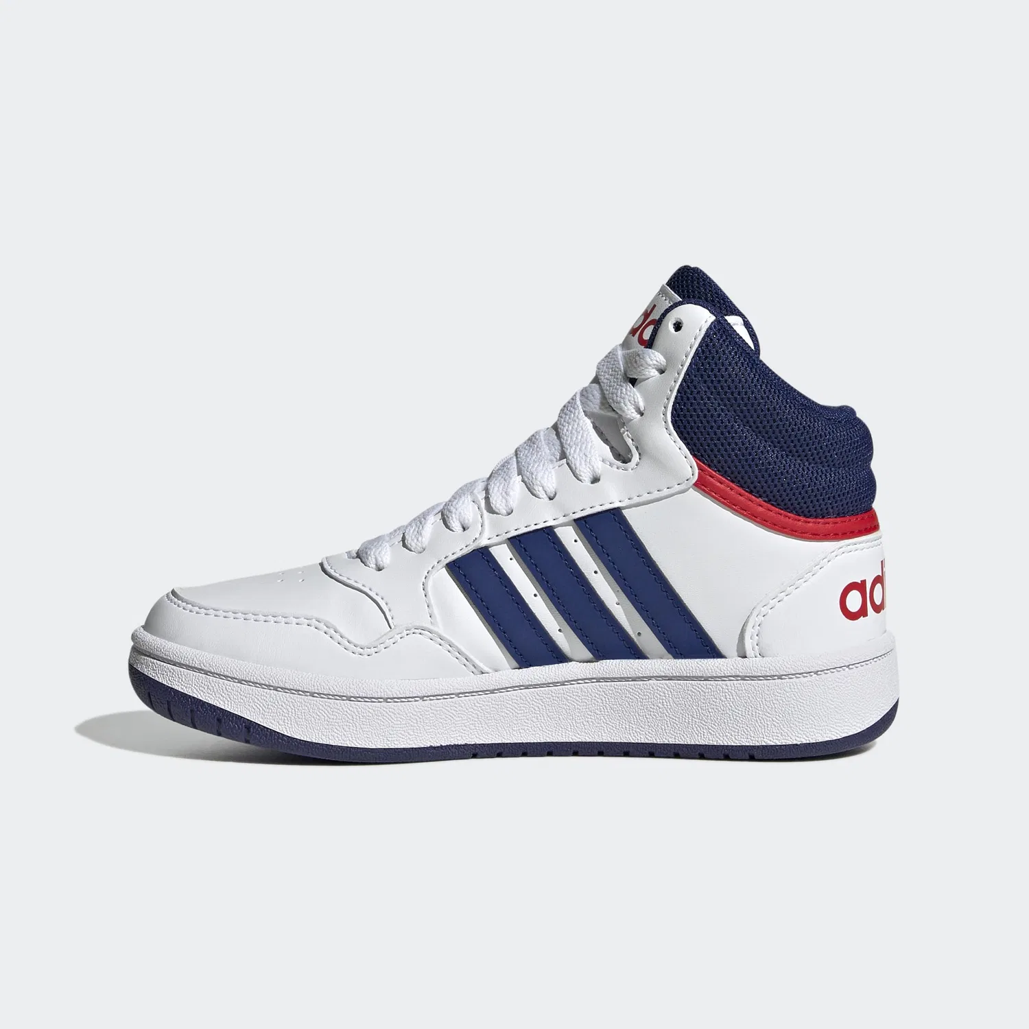 Детские кроссовки для мальчиков и девочек Hoops Mid Adidas, Cloud White Victory Blue Scarlet — фото 2
