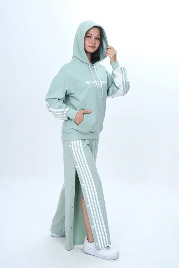 Детский комплект спортивного костюма для девочек с принтом Unisex hooded snapback 100% cotton tracksuit set - comfortable and stylish design-302 Jannock, Water Green