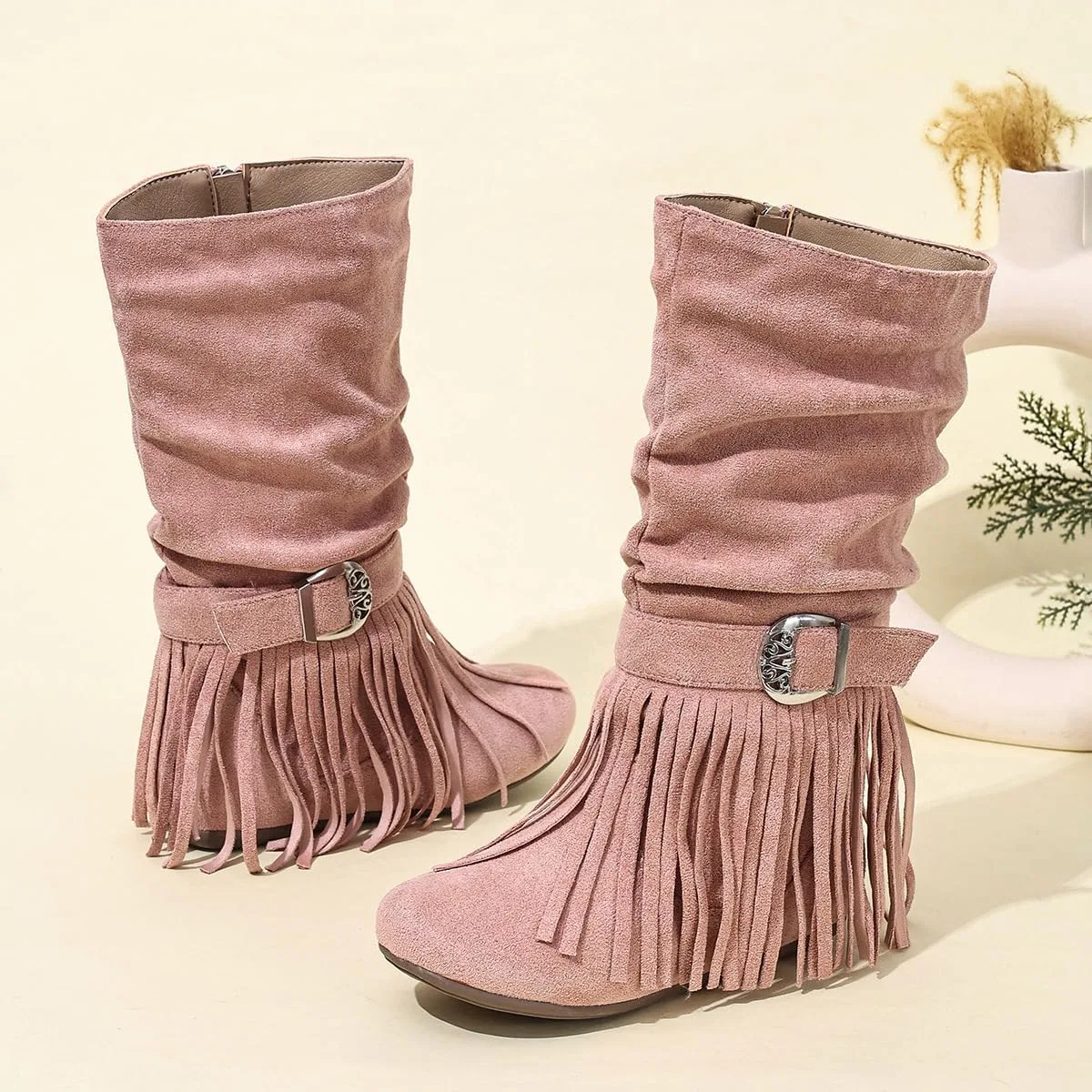 Детские сапоги для девочек с принтом Retro Tassel Cowboy Auhoho, Pink — фото 2