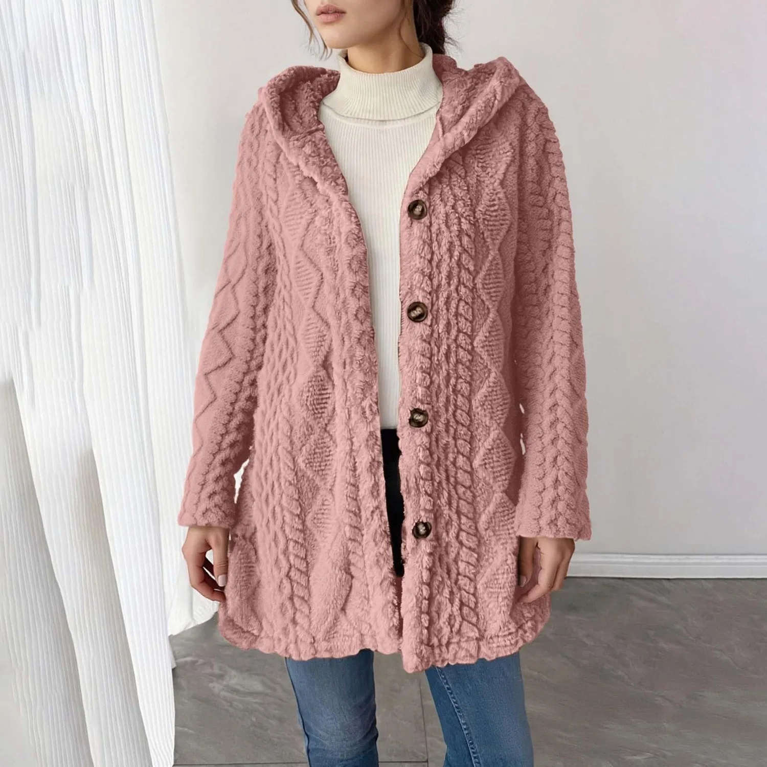 Женское пальто с капюшоном и длинным рукавом, однотонное, легкое, вязаное, Rosa — фото 2
