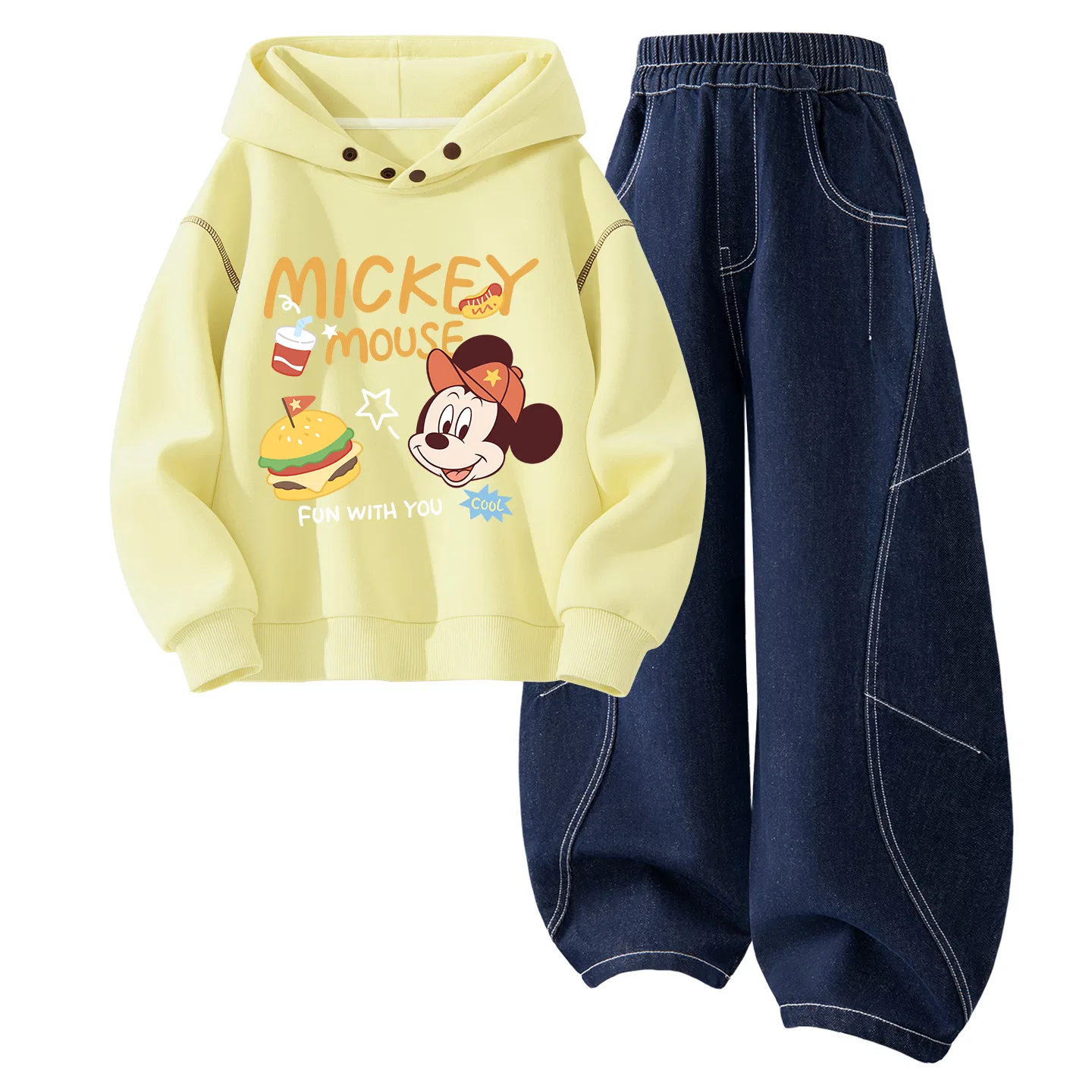 Детский спортивный комплект с капюшоном, из футера, Disney, Yellow/Denim Blue