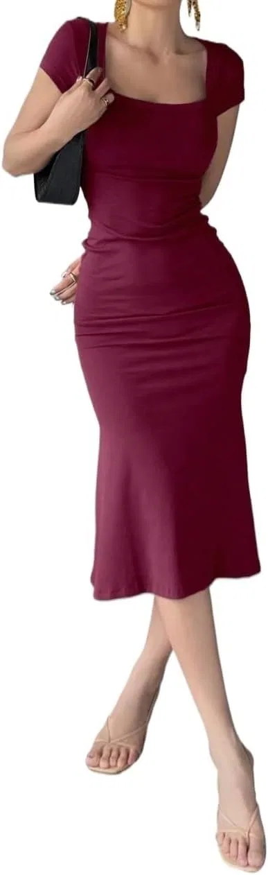 Женское миди-платье с квадратным вырезом Bodycon, Burgundy
