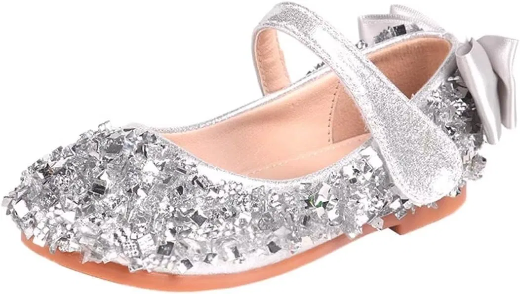Детские балетки для девочек с бантом Sparkle Dress Shoes IvoireCh, Silver
