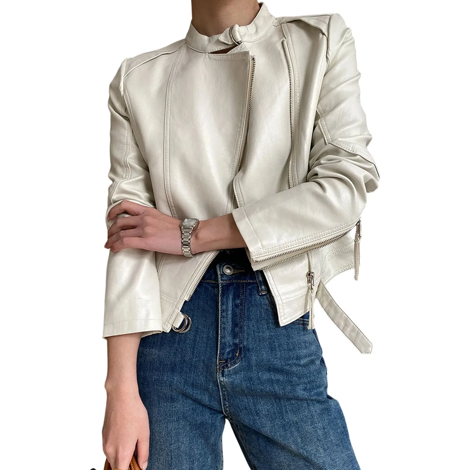 Женская куртка из экокожи с коротким рукавом, Beige