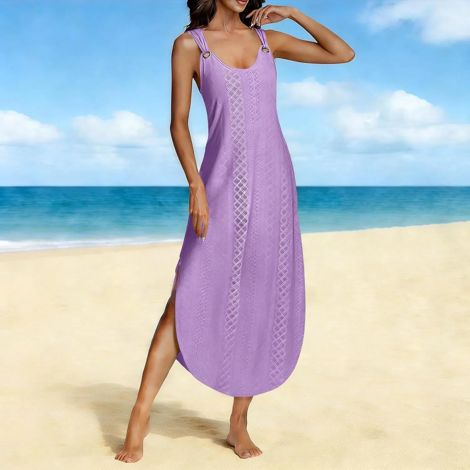 Женское летнее платье-макси с регулируемыми бретелями Eyelet, Purple — фото 3